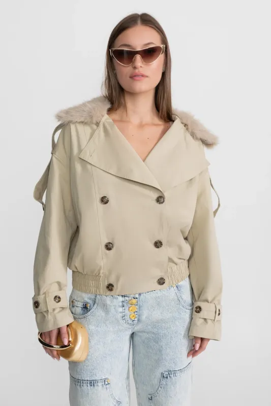 Cropped Trench Jacket with Fur Collar – Beige made by Sierra darien