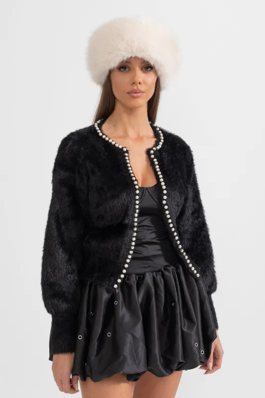 Fluffy Cardigan With Pearl Detailing - Black made by Sierra darien
