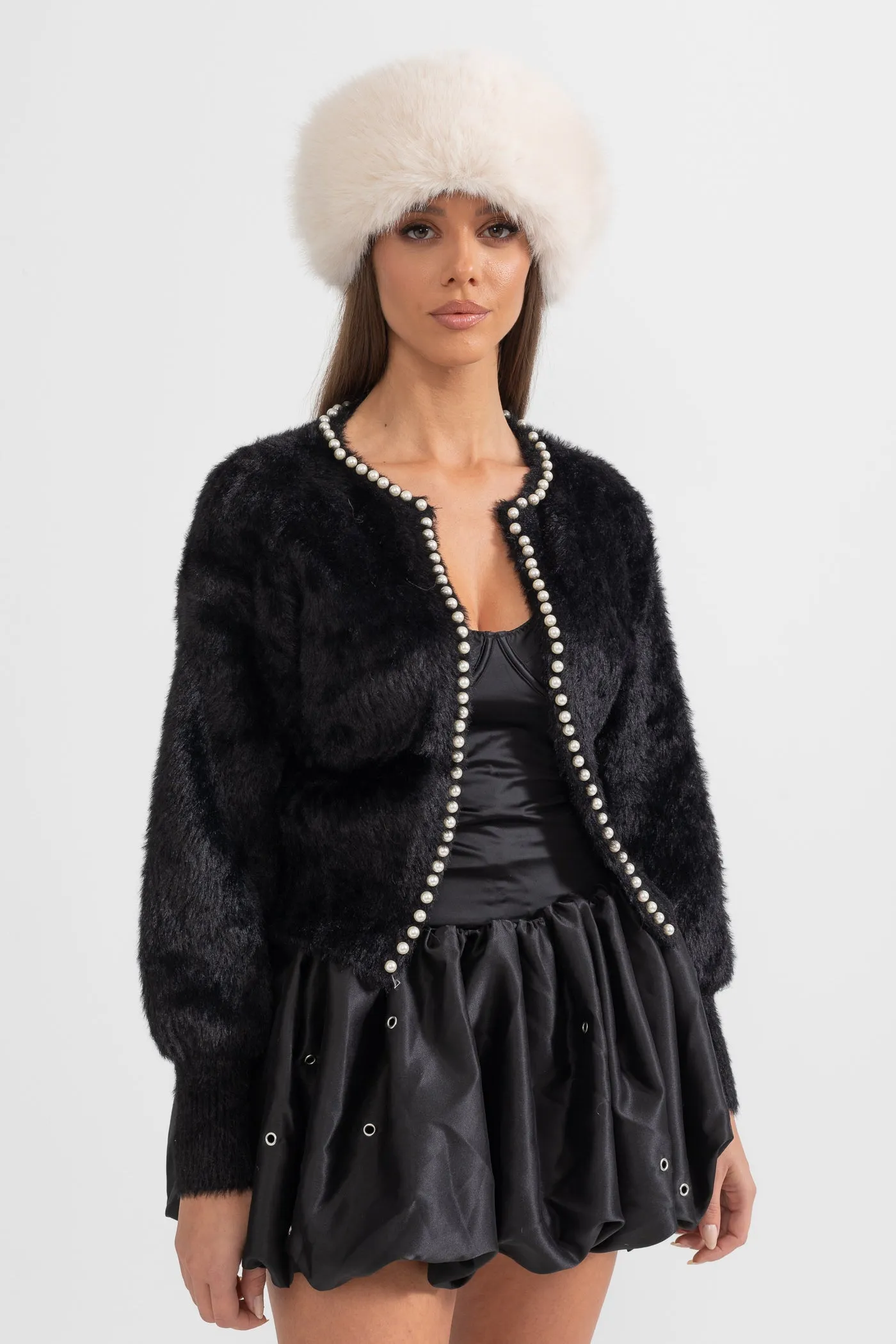 Fluffy Cardigan With Pearl Detailing - Black sold by Sierra darien