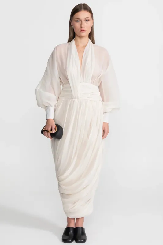 Draped Chiffon Maxi Dress With Long Bishop Sleeves – Ivoire made by Sierra darien