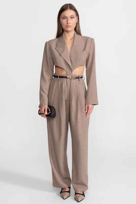 Cut-Out Jumpsuit With Slim Black Waistbelt – Taupe Check made by Sierra darien