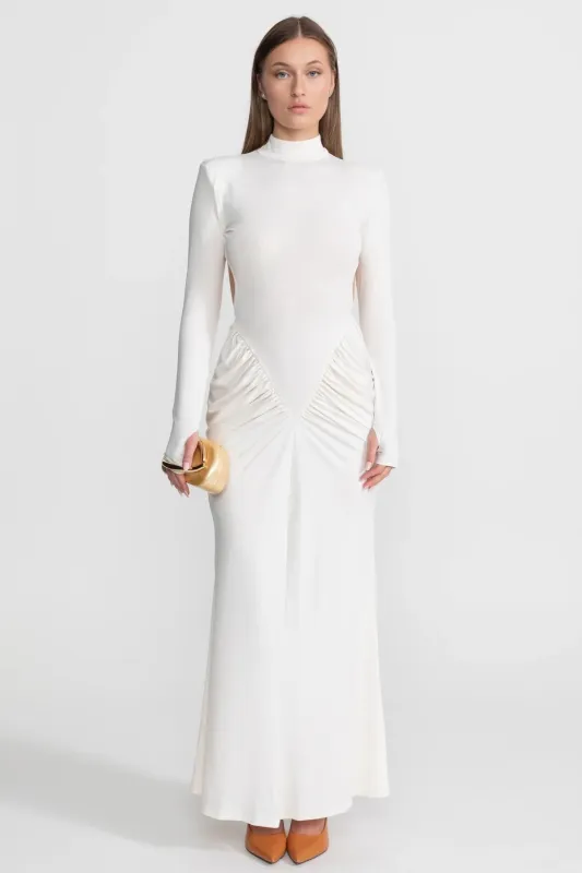 Ruched Maxi Dress With Side Cutouts – White made by Sierra darien