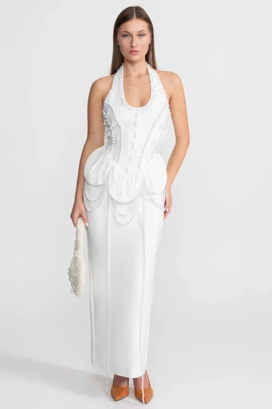 Embellished Halter Maxi Dress With Gathered Peplum Detail – White made by Sierra darien