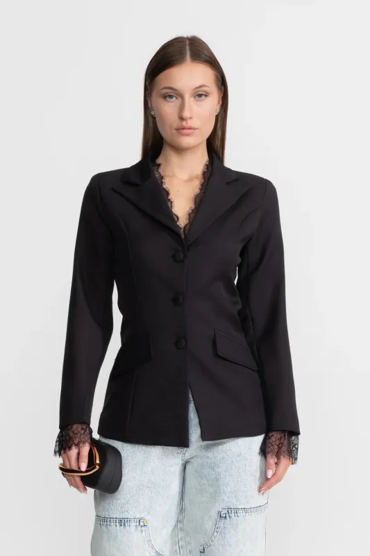 Tailored Lace-Trim Blazer With Tonal Button Closure – Black made by Sierra darien