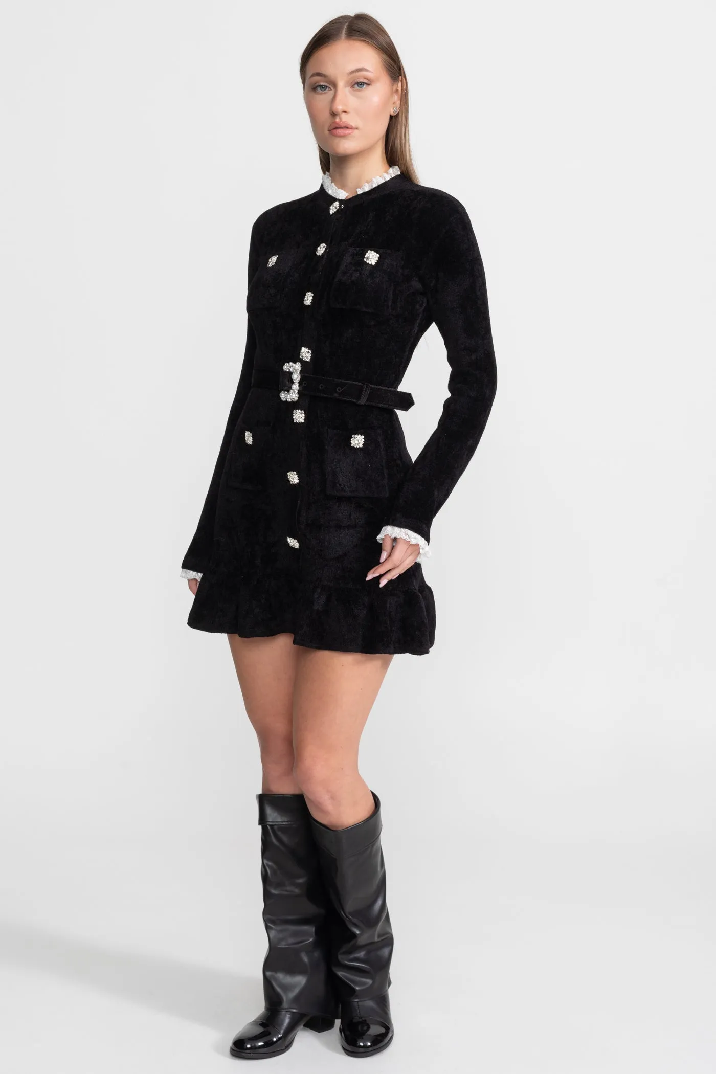 Knit Crystal-Button Mini Dress With Matching Belt – Black sold by Sierra darien product image thumbnail 4