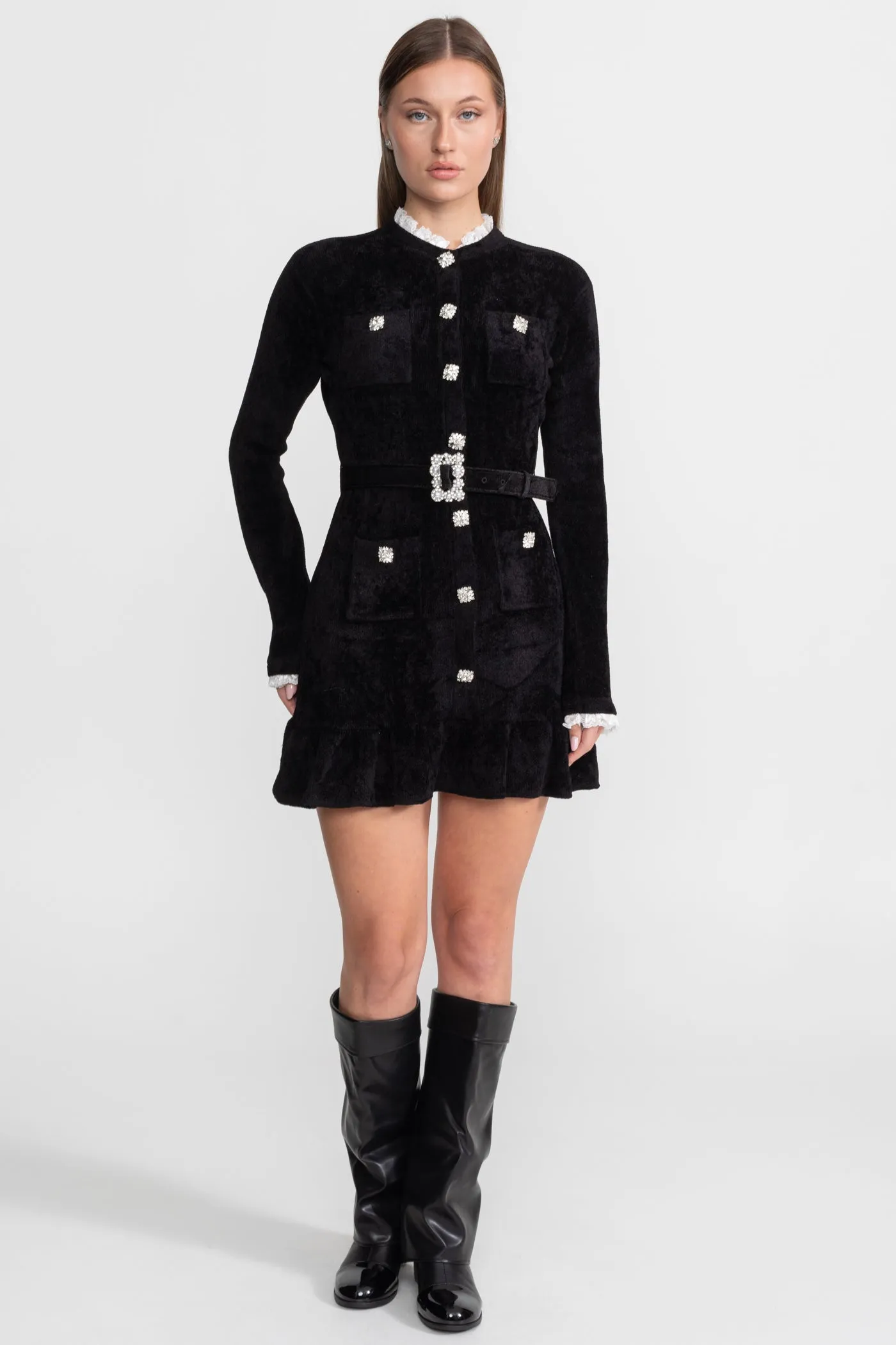 Knit Crystal-Button Mini Dress With Matching Belt – Black sold by Sierra darien product image thumbnail 2