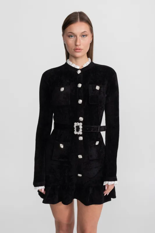 Knit Crystal-Button Mini Dress With Matching Belt – Black made by Sierra darien