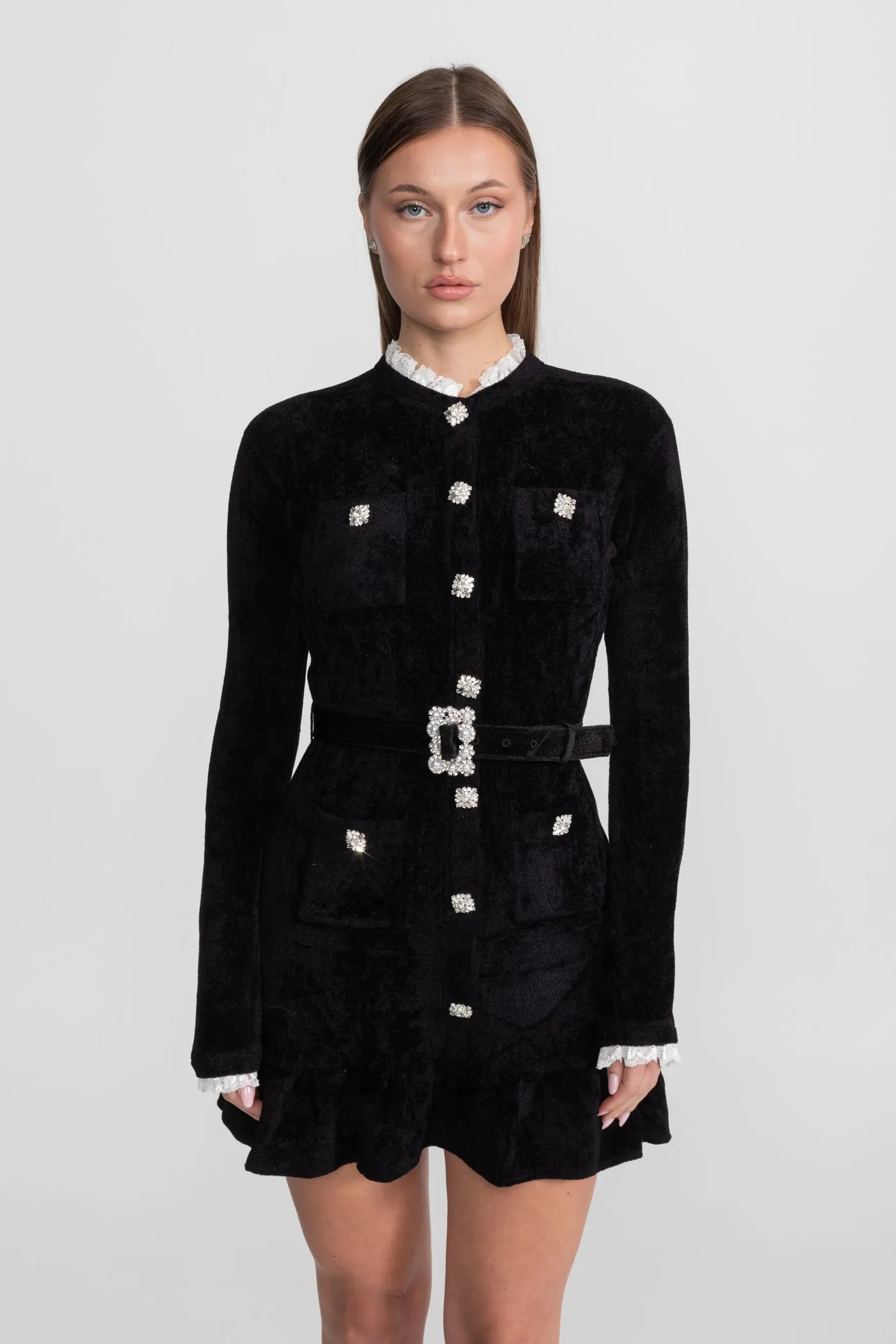 Knit Crystal-Button Mini Dress With Matching Belt – Black sold by Sierra darien