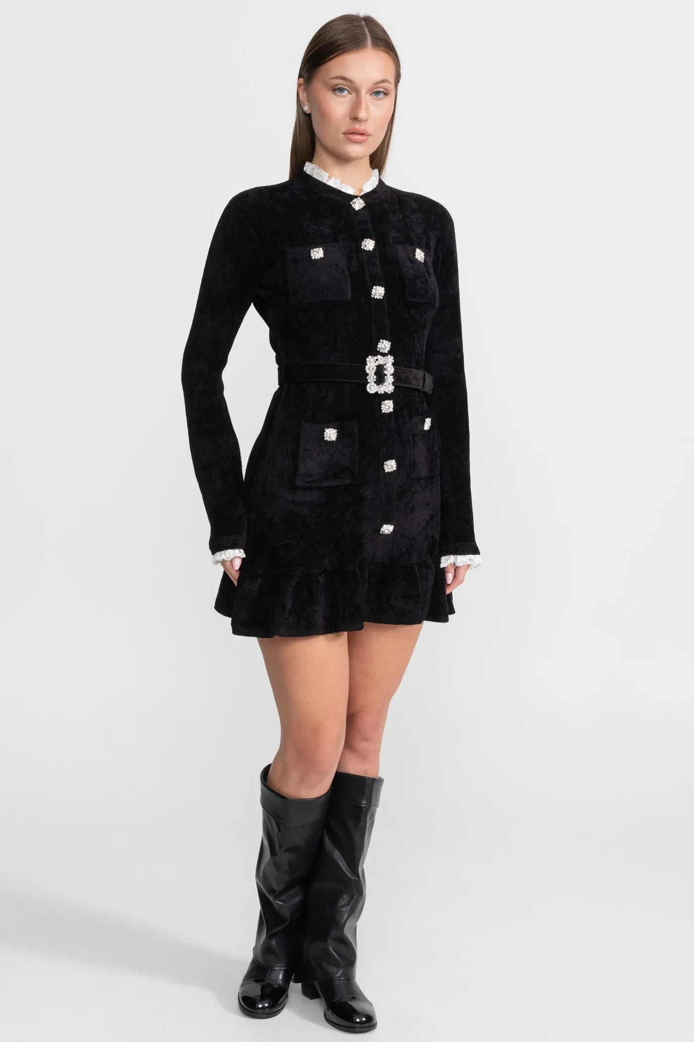 Knit Crystal-Button Mini Dress With Matching Belt – Black sold by Sierra darien product image thumbnail 3