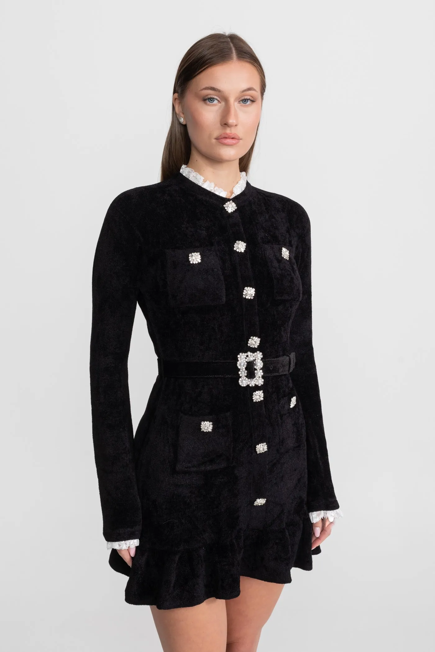 Knit Crystal-Button Mini Dress With Matching Belt – Black sold by Sierra darien product image thumbnail 5