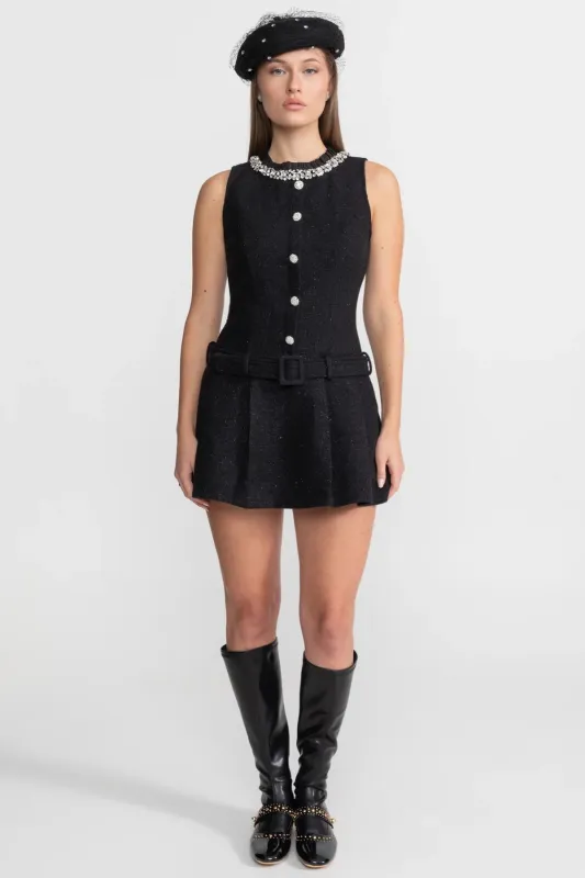Crystal-Embellished Tweed Mini Dress With Belt – Black made by Sierra darien
