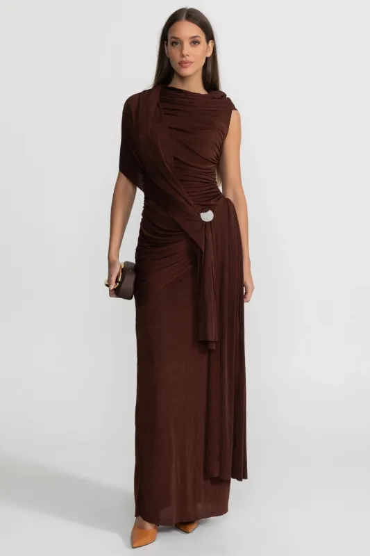 Draped Jersey Maxi Dress with Shoulder Scarf Detail - Brown made by Sierra darien