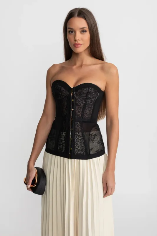 Strapless Lace Corset Top with Boning and Front Closure - Black made by Sierra darien