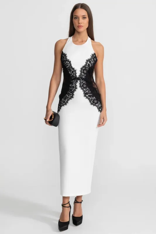 Halter Maxi Dress with Contrast Lace Panels – White made by Sierra darien