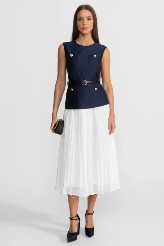 Sleeveless Midi Dress with Belted Waist and Contrast Skirt - Navy made by Sierra darien