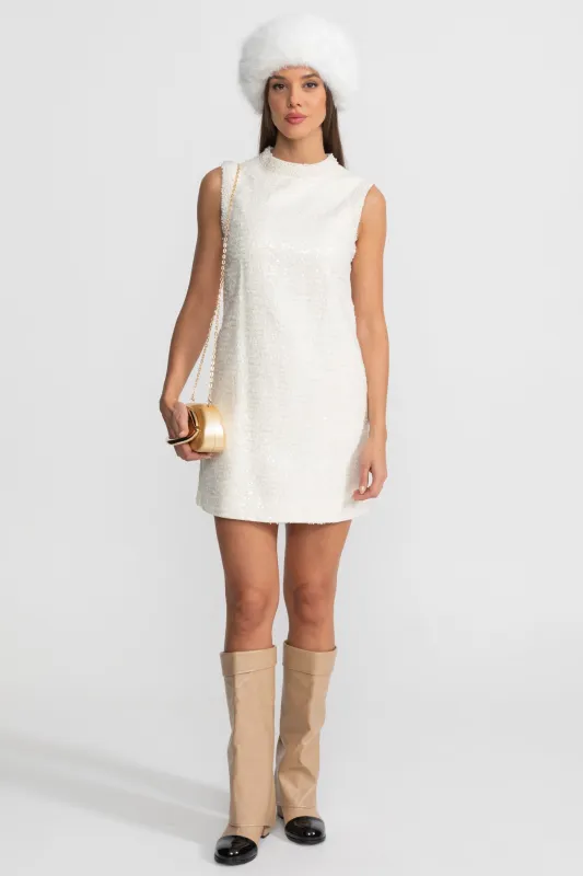 Sequin Tweed Mini Dress with Beaded Collar – White made by Sierra darien