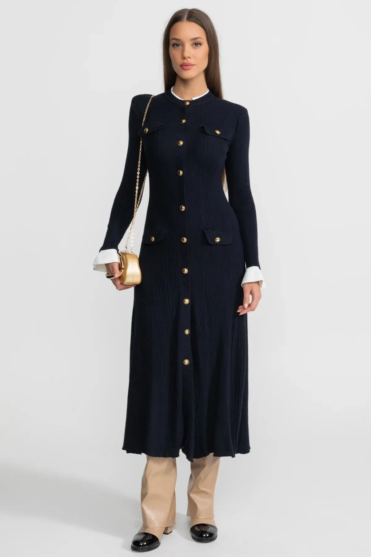 Ribbed Knit Midi Dress with Gold Button Fastening - Dark Blue sold by Sierra darien