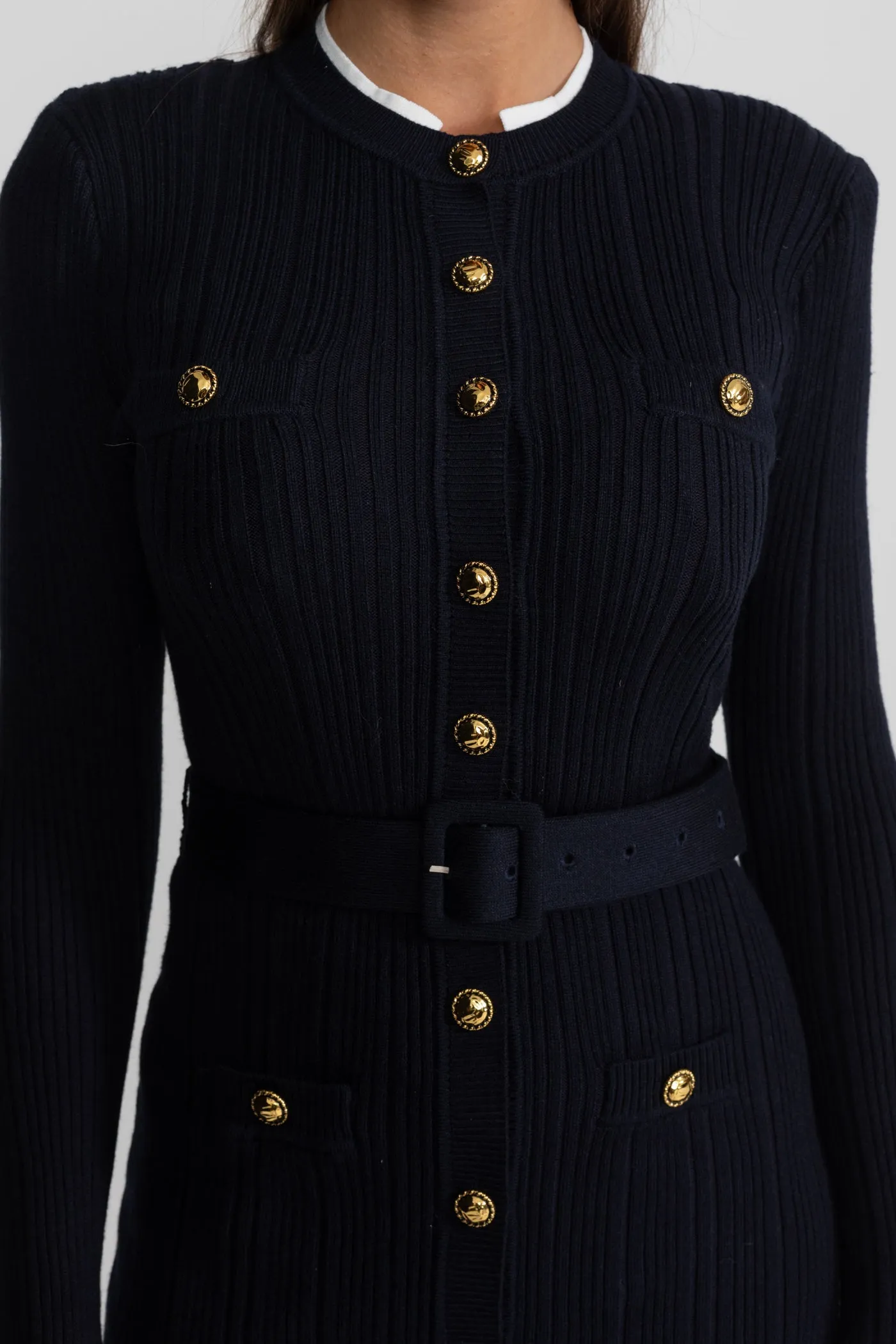 Ribbed Knit Midi Dress with Gold Button Fastening - Dark Blue sold by Sierra darien product image thumbnail 5
