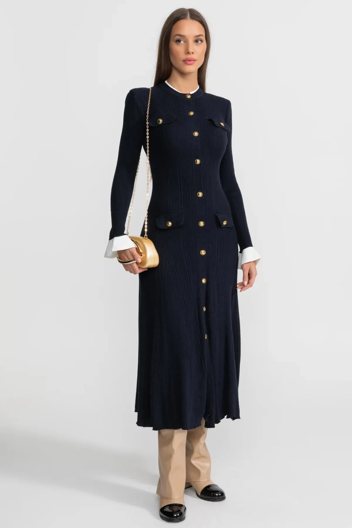 Ribbed Knit Midi Dress with Gold Button Fastening - Dark Blue sold by Sierra darien product image thumbnail 2