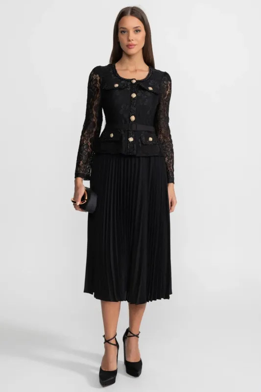 Lace and Pleated Midi Dress with Gold Button Detailing - Black made by Sierra darien