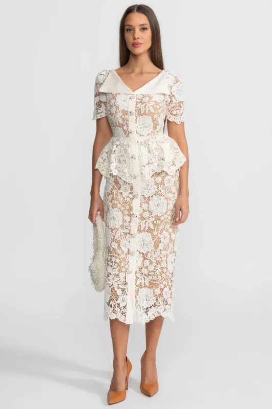 Lace Midi Dress with Peplum Waist and Satin Collar - White made by Sierra darien