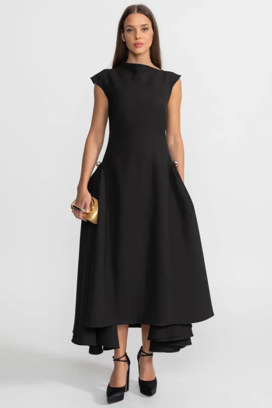 Structured Midi Dress with High-Low Hem and Metal Ring Details - Black made by Sierra darien