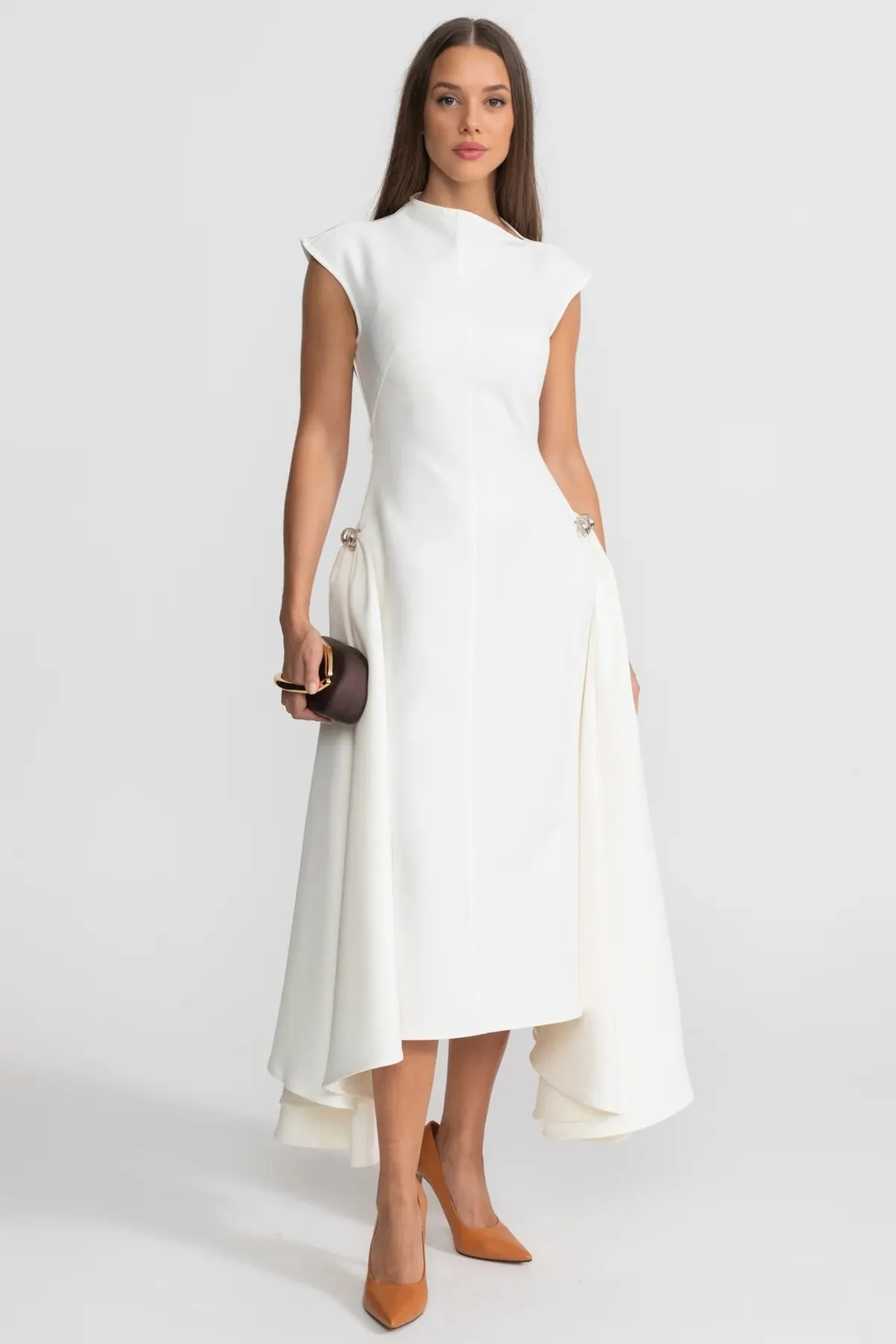 Structured Midi Dress with High-Low Hem and Metal Ring Details - White sold by Sierra darien