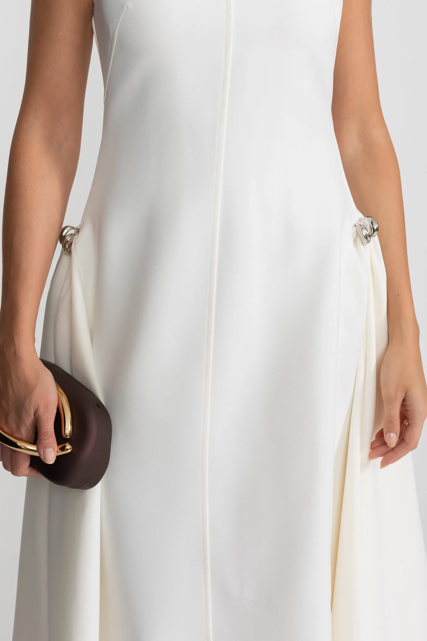 Structured Midi Dress with High-Low Hem and Metal Ring Details - White sold by Sierra darien product image thumbnail 5