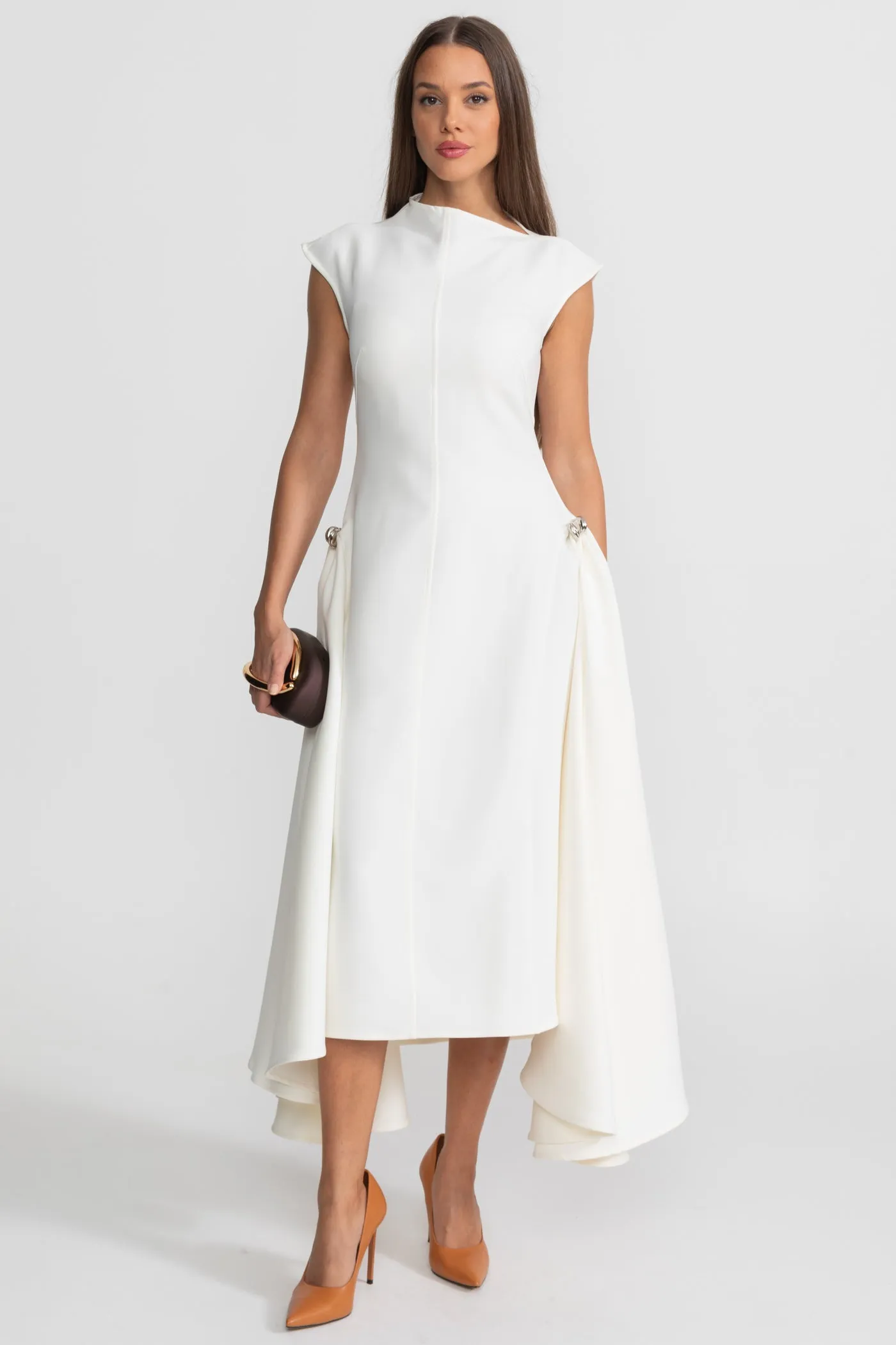 Structured Midi Dress with High-Low Hem and Metal Ring Details - White sold by Sierra darien product image thumbnail 2