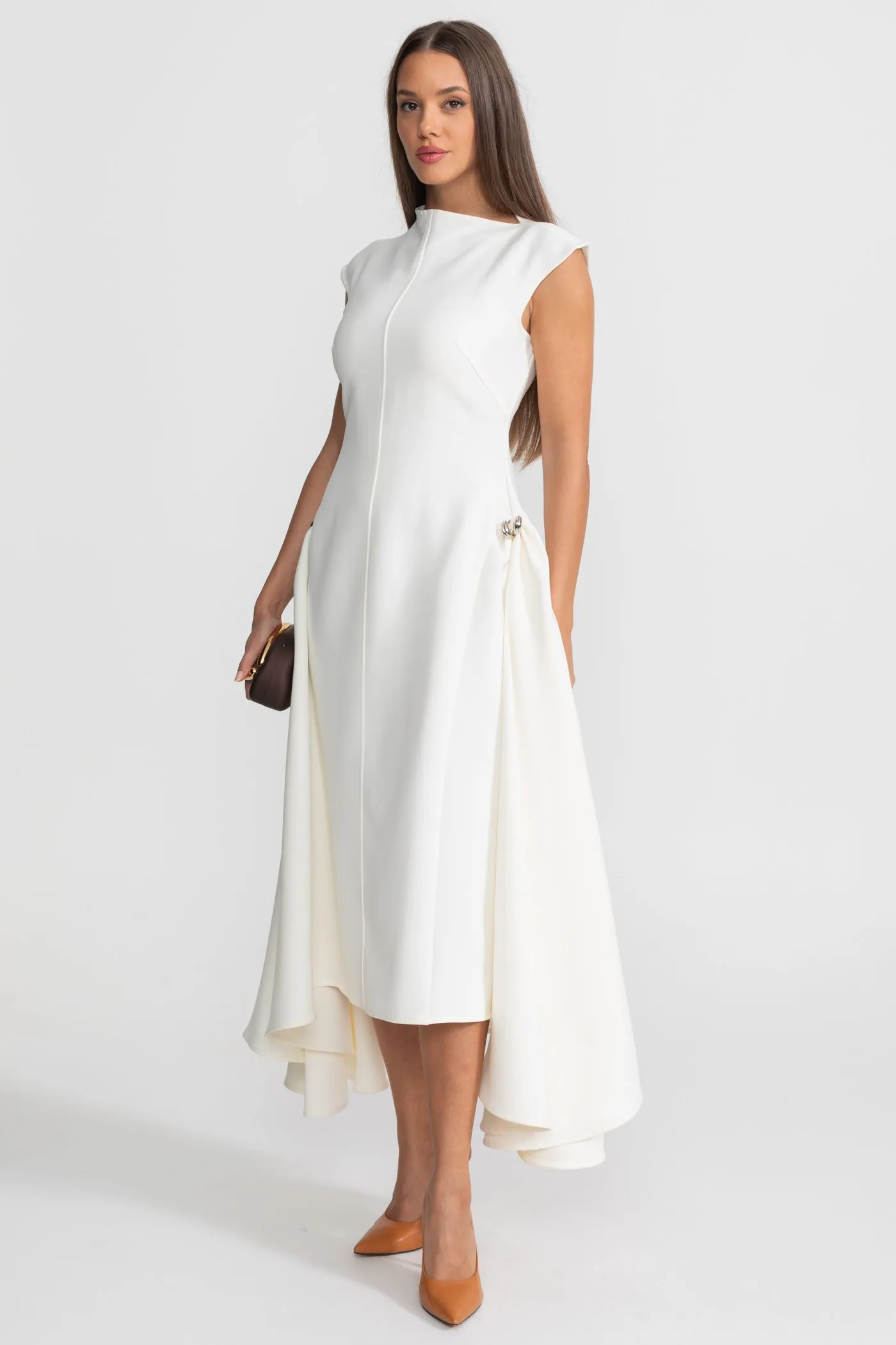 Structured Midi Dress with High-Low Hem and Metal Ring Details - White sold by Sierra darien product image thumbnail 3