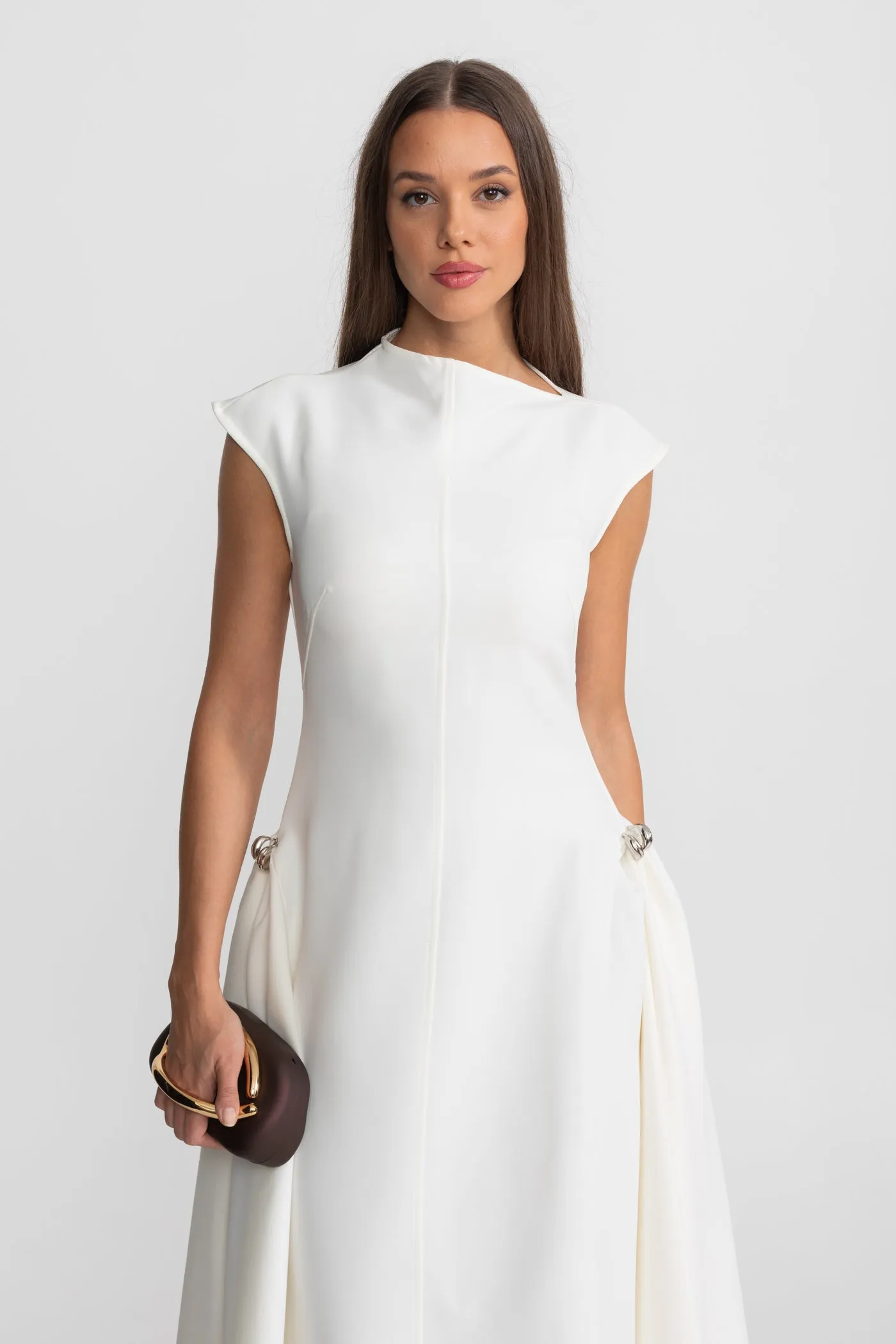 Structured Midi Dress with High-Low Hem and Metal Ring Details - White sold by Sierra darien product image thumbnail 4