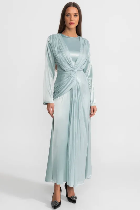 Satin Midi Dress with Draped Overlay and Knot Detail - Teal made by Sierra darien