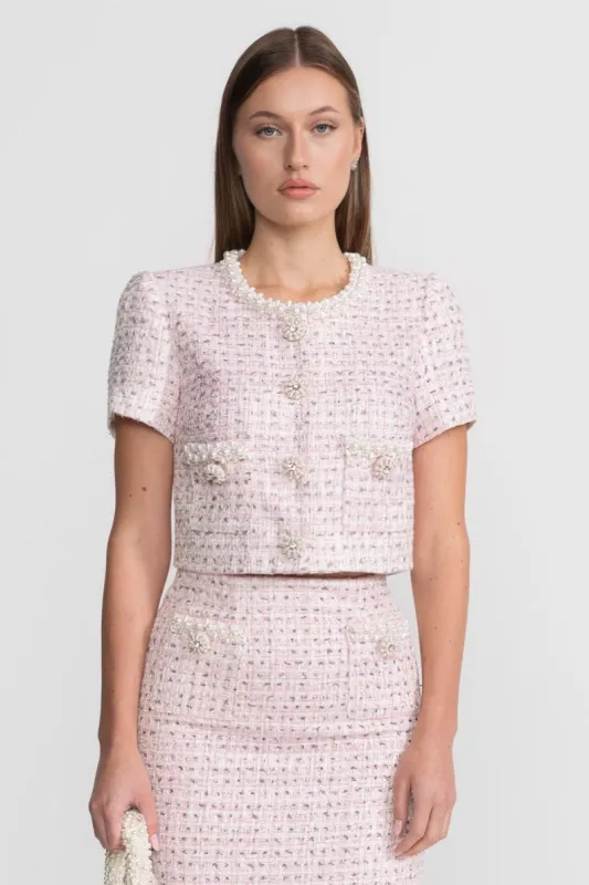Short Sleeve Pearl-Embellished Top With Sparkling Buttons - Pink made by Sierra darien