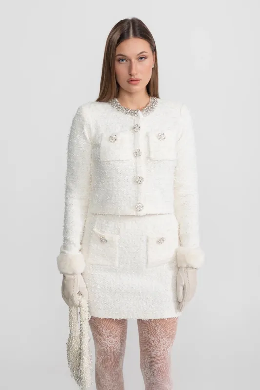 Tweed Mini Skirt With Crystal Buttons - White made by Sierra darien