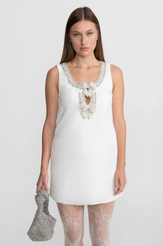 Embellished Pearl Bow Detail Mini Dress – White made by Sierra darien