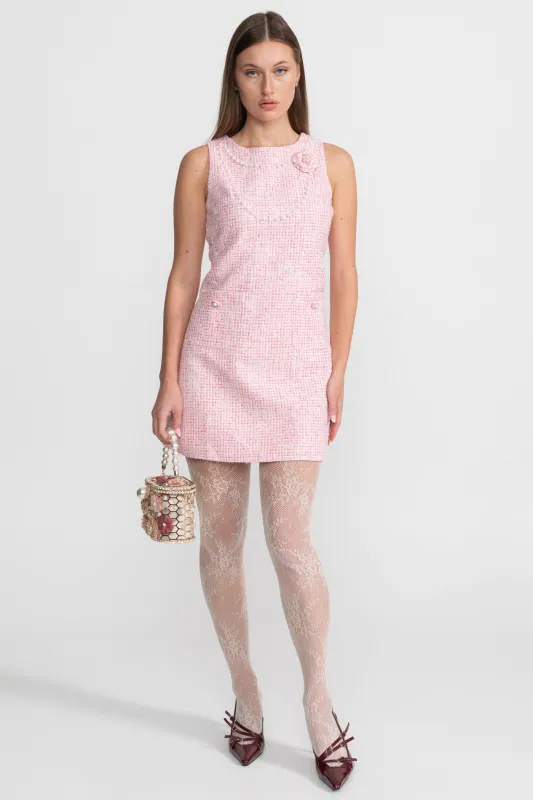 Sleeveless Tweed Mini Dress With Pearl Trim – Pink made by Sierra darien