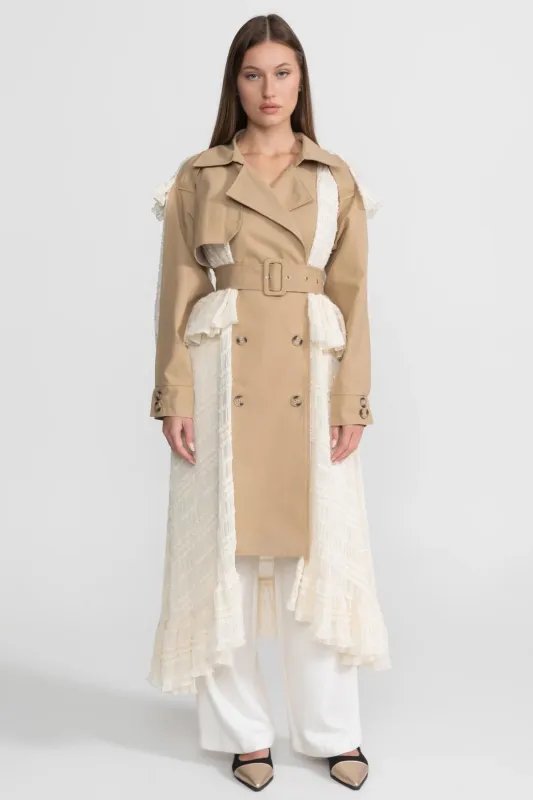 Longline Lace Panel Trench Coat With Belted Waist – Beige made by Sierra darien