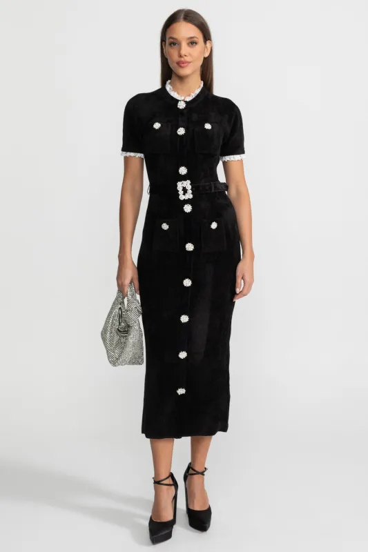 Elegant Midi Dress With Crystal Buttons and Lace Trim – Black made by Sierra darien