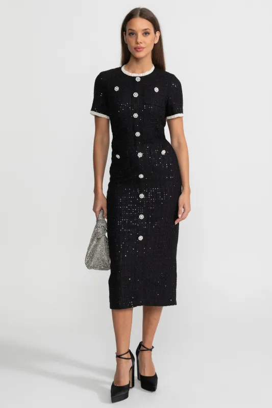 Sequin Midi Dress With Crystal Buttons and Lace Trim – Black made by Sierra darien