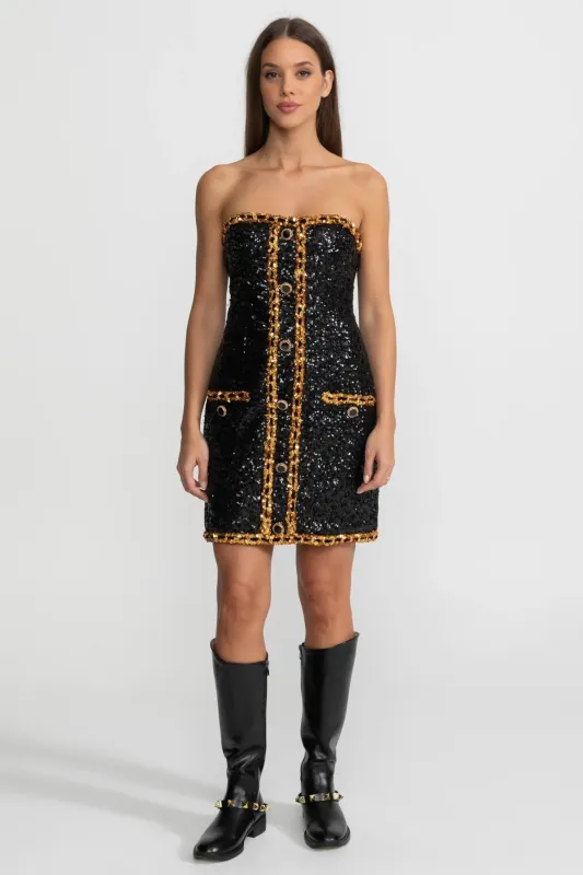 Strapless Sequin Mini Dress With Chain Trim Detailing – Black made by Sierra darien