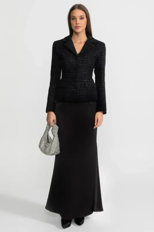 Tweed Blazer and Satin Maxi Skirt Co-Ord Set – Black made by Sierra darien