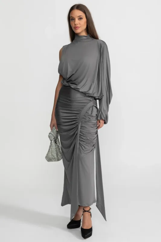 Draped Asymmetric Top and Ruched Maxi Skirt Co-Ord Set – Steel Grey made by Sierra darien