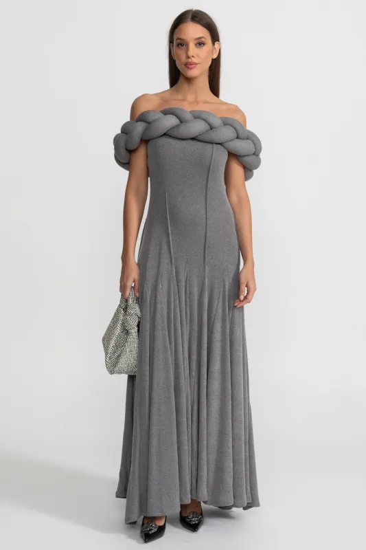 Off-Shoulder Braided Neckline Maxi Dress – Grey made by Sierra darien