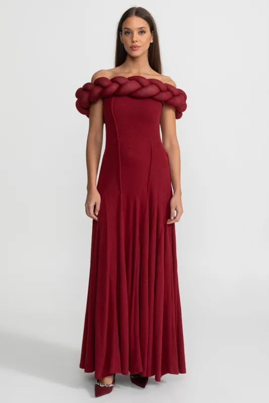 Off-Shoulder Braided Neckline Maxi Dress – Deep Red made by Sierra darien