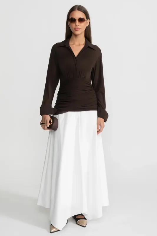 Long-Sleeve Ruched Bodice Maxi Dress – Brown & White made by Sierra darien