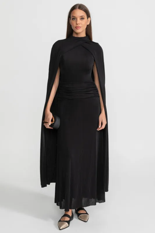 Draped Cape Maxi Dress With Ruched Waist – Black made by Sierra darien