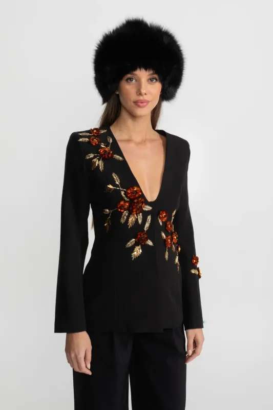 Deep V-Neck Blazer With Intricate Floral Embroidery - Black made by Sierra darien