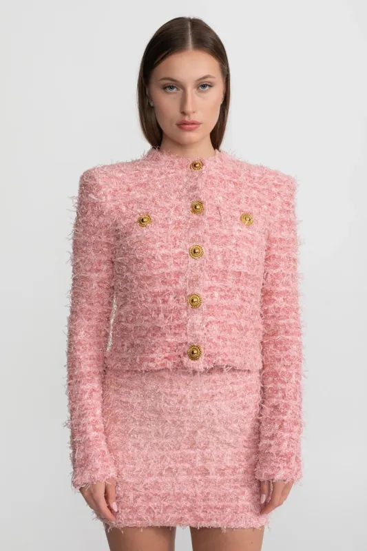 Textured Tweed Jacket With Gold Button Embellishments – Pink made by Sierra darien