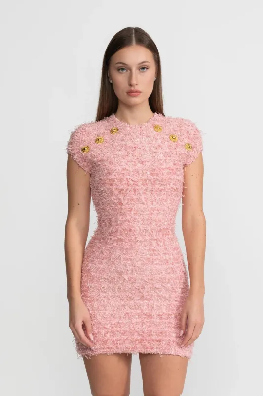 Textured Tweed Mini Dress With Gold Button Embellishments – Pink made by Sierra darien
