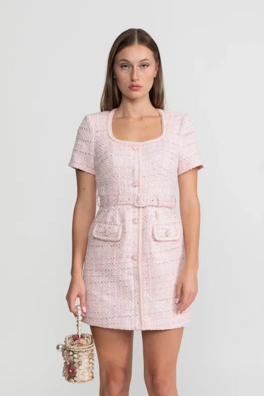 Short Sleeve Tweed Mini Dress With Matching Belt – Blush Pink made by Sierra darien